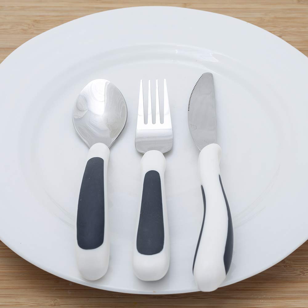 Kura Care Adult Cutlery Set, Easy Grip Set, Black & White