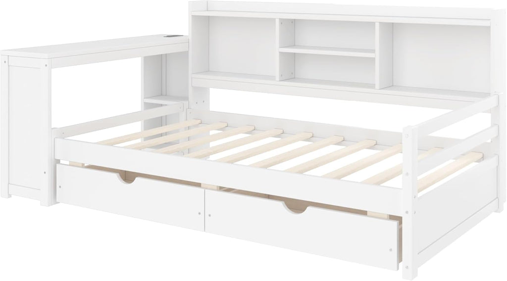 Twin Size Daybed with Desk, Corner Bed with Storage, White | Storage Shelves and Drawers, Charging Station & USB