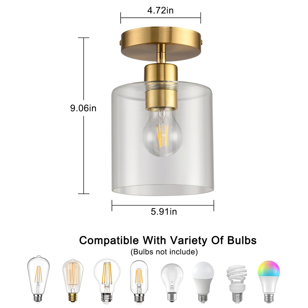 Brass Semi Flush Mount Ceiling Light, Gold Modern Fixture for Closet Hallway Entryway Light Fixture Ceiling Brass