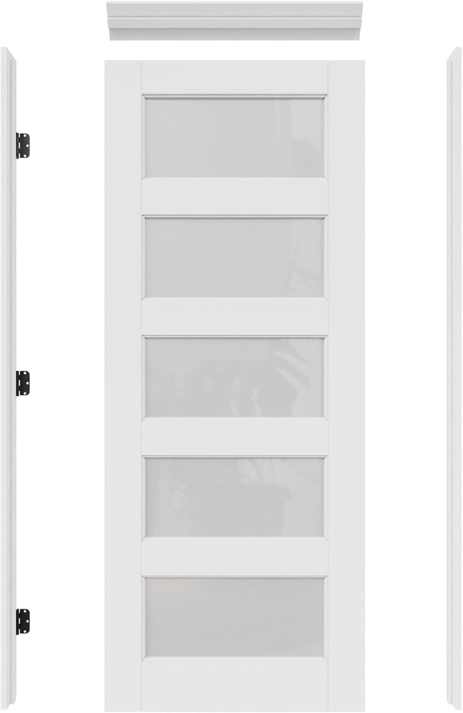 32" x 80" Prehung Door Interior, 5-Panel Tempered Frosted Glass Solid Core Door Slab with Easy Assembly Jamb Kit