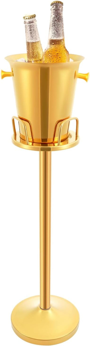 Gold Champagne Ice Bucket with Stand, 1.32 gal 35.8in Tall Stainless Steel Wine Chiller on Stand, 12 Lb Beverage Tub
