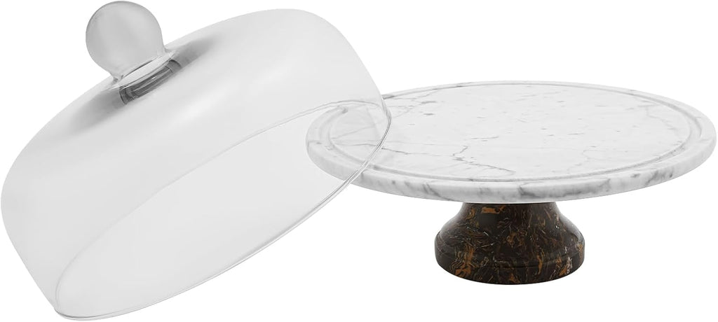 Marble Cake Stand with Dome Lid, 11.8In Diameter Groove Design 44LBS Bearing Nordic Polishing Marble Texture