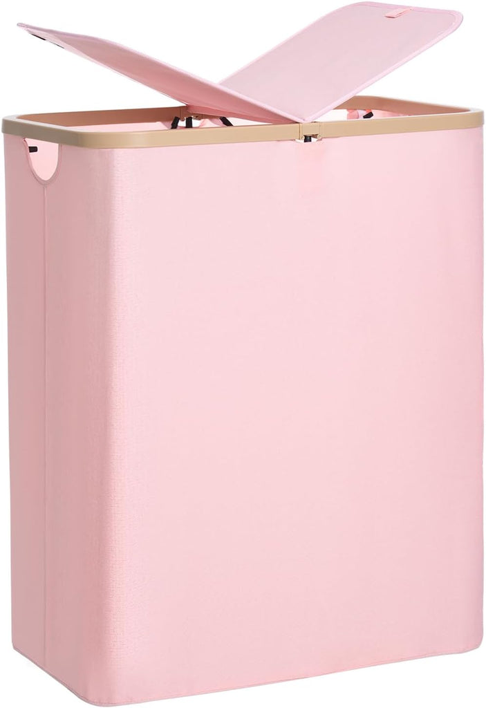 160L Double Laundry Basket Hamper with Lid & Removable Bags, Pink | Extra large 2-section collapsible clothes hamper