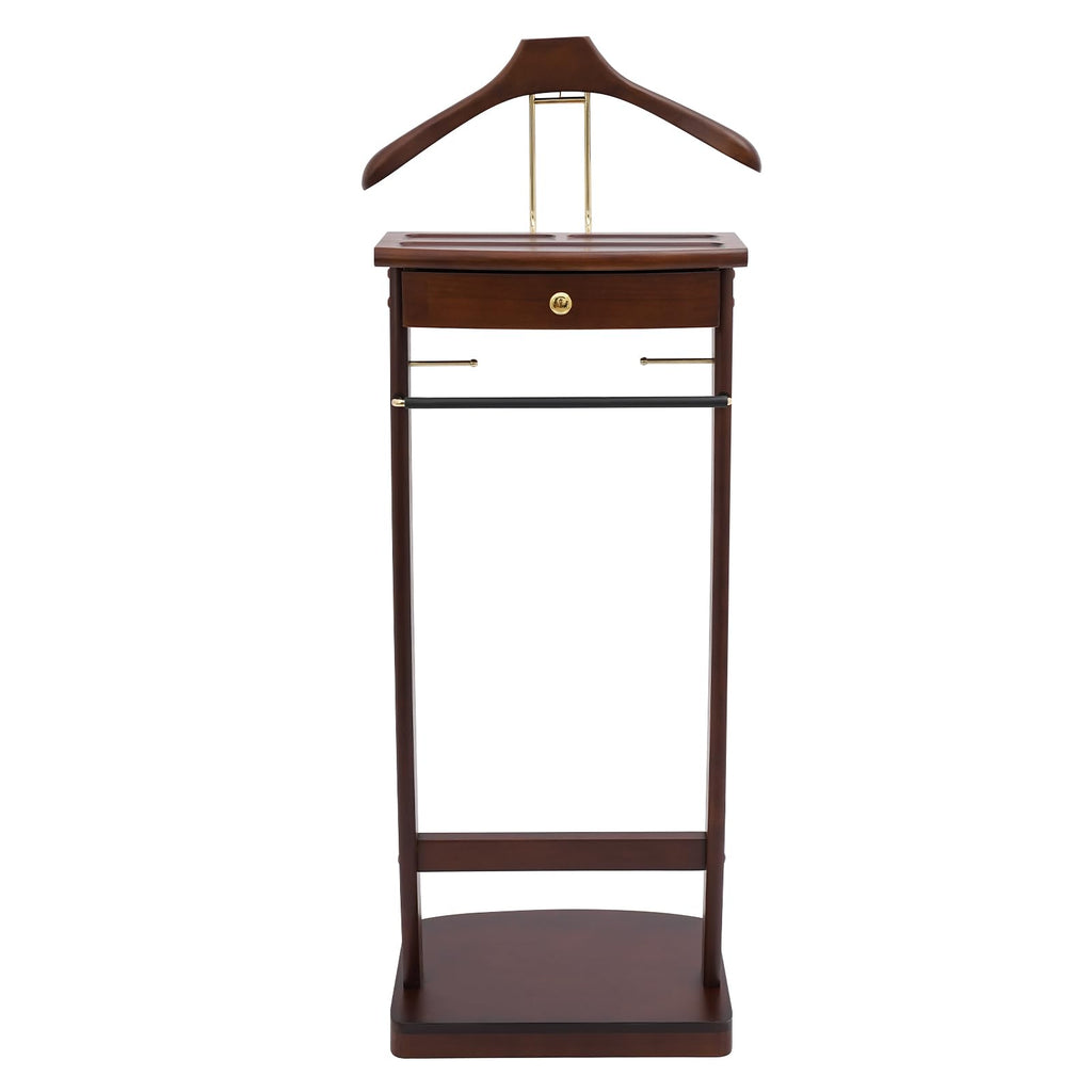 Freestanding Wood Mens Valet Stand with Drawer, Clothes Butler with Base, Suit Hanger Rack Living Room Bedroom