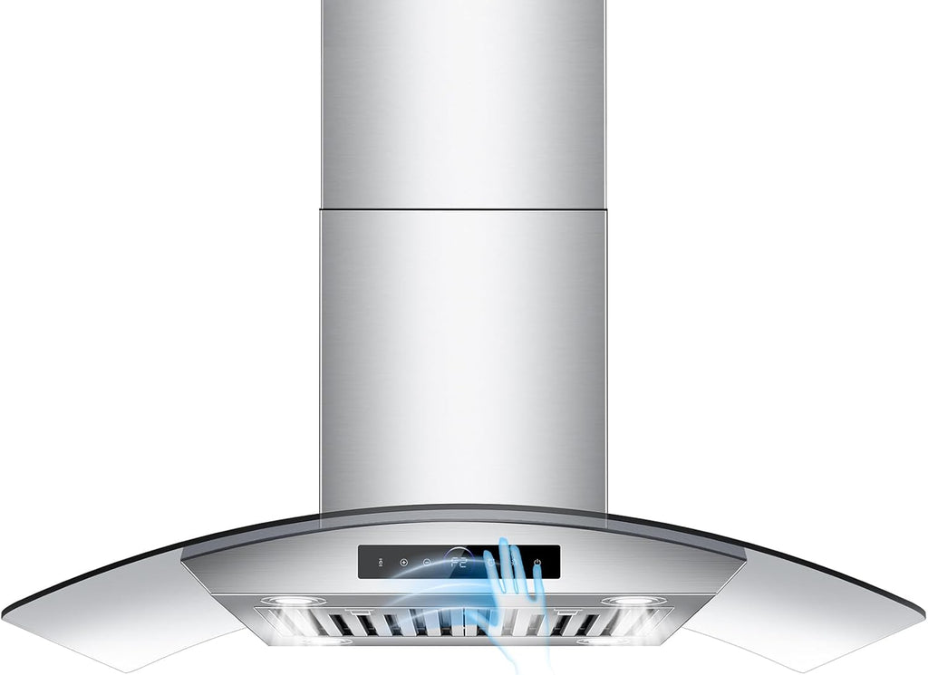 36 Inch Stainless Steel Island Mount Range Hood 1200 CFM 4 Speed Gesture & Touch Control, LED Lights