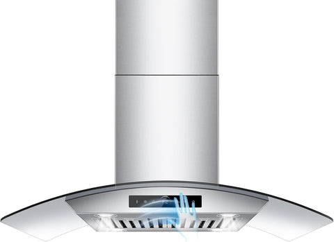 36 Inch Stainless Steel Island Mount Range Hood 1200 CFM 4 Speed Gesture & Touch Control, LED Lights