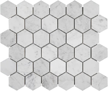 Carrara White Marble Mosaic Tile Bathroom Wall 2" Hexagon 5 Pcs | Water & Heat Resistant Polished Marble Backsplash