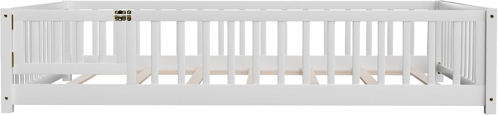 Twin Floor Bed for Children, Sturdy Wood Montessori Bed Frame with Wood Slats, Fence & Door, Montessori Floor Bed for