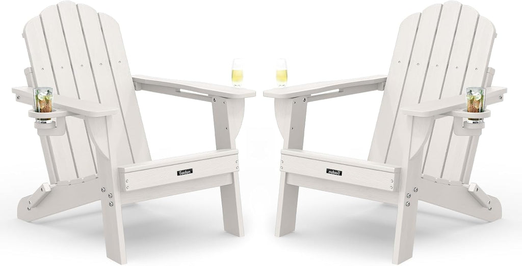 Folding Adirondack Chairs Set of 2, HDPE Outdoor Chair with 2 Cup Holders | All-weather, Wooden Texture, Oversized