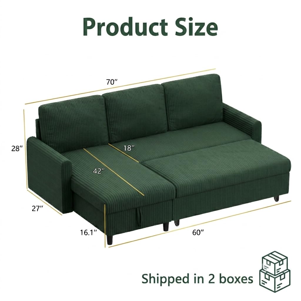 70'' Sleeper Sofa Bed with Storage, Convertible Pull Out Couch Futon, Corduroy Fabric L Shaped Sectional Sofa