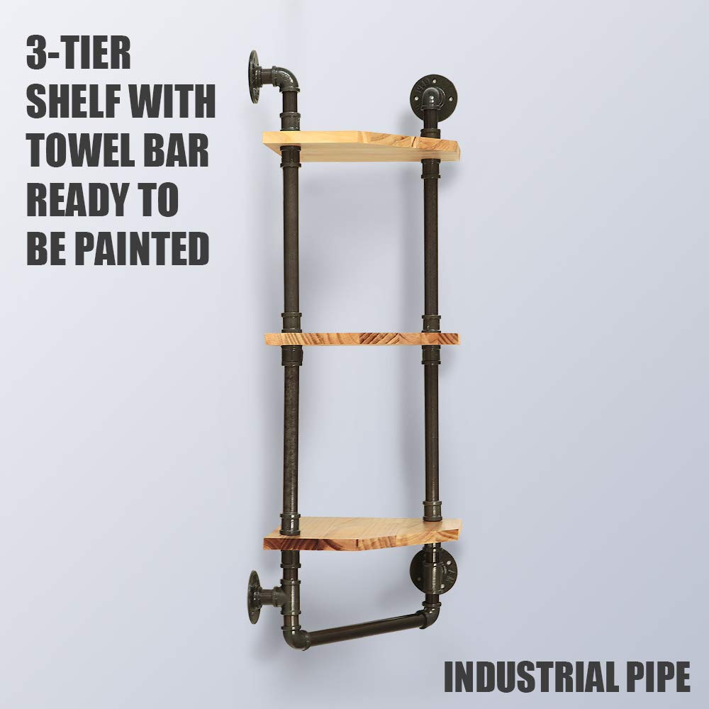 Industrial Pipe Shelf, Rustic Corner Shelves with Towel Bar, Bathroom Shelves Wall Mounted, 3 Tiered Metal&Real Wood