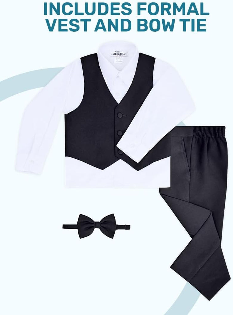 Boys 5 Piece Tuxedo Set with Jacket, Pants, Shirt, Vest & Bow Tie