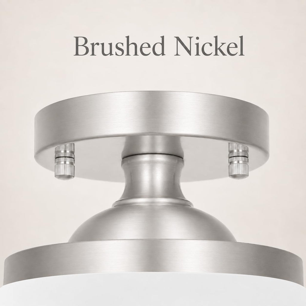 Brushed Nickel Semi Flush Mount Ceiling Light - Entryway Light Fixture with Triple E12 Sockets - 12" Diameter Milk