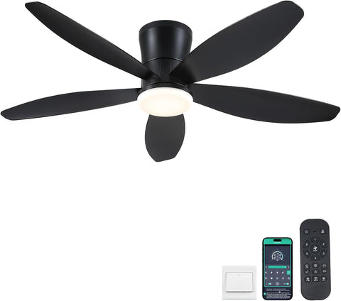 48" Ceiling Fans with Lights-Low Profile Ceiling Fan with Light and Remote/APP Control,Flush Mount,DC Reversible,LED Dimmable Blakc Ceiling Fans for Bedroom,Indoor/Outdoor Patio Use A101-B0DNLRBQQ8
