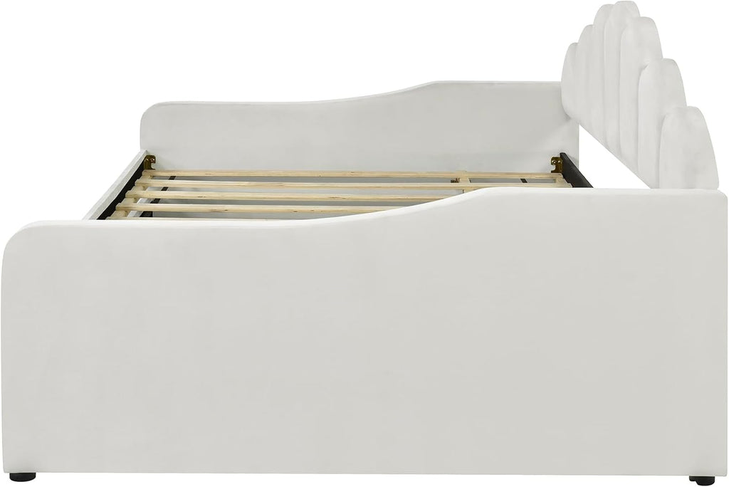 Full Size Daybed with Trundle,Velvet Upholstered Day Bed Frame Full with Shall Shaped Backrest and Wood Slat