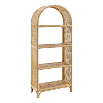 Celeste Tall Arched 67 Inch Wood and Natural Rattan Bookcase in Natural - Tall Open Back Bookshelf with 6 Shelves