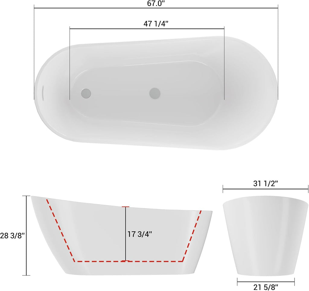 67 Inch Acrylic Freestanding Bathtub, Deep Soaking Tub with Non-Slip Base, cUPC Certified Free Standing Tub, Chrome