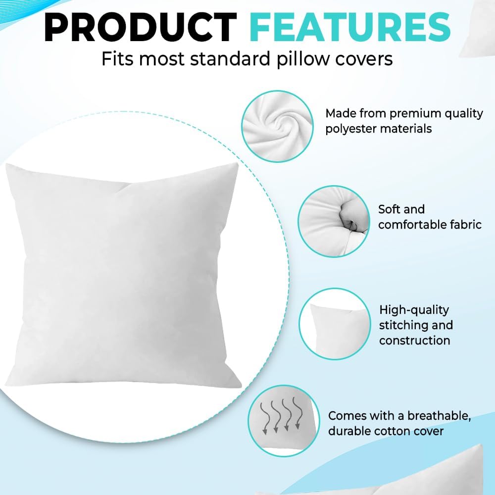 18 x 18 Throw Pillow Insert White, Down Alternative Pillow Inserts for Decorative Pillow Covers, Throw - Set of 2