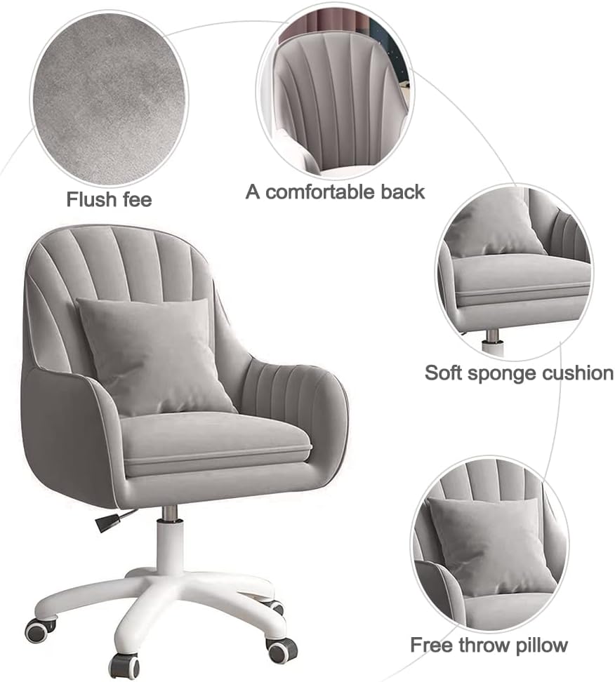Velvet Desk Chair with Pillow Upholstered Vanity Chair for Girls Women, Home Office Computer Task Chair with Wheels