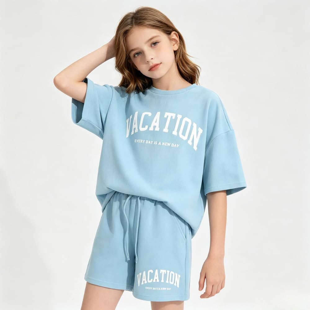 Girl's Tracksuit Sets 2 Piece Outfits Letter Print Vacation Tee Top and Drawstring Waist Shorts