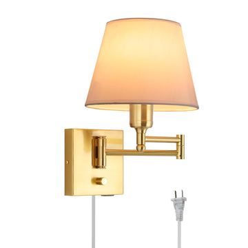 Gold Swing Arm Wall Lamp White Fabric Shade Plug in or Hardwired