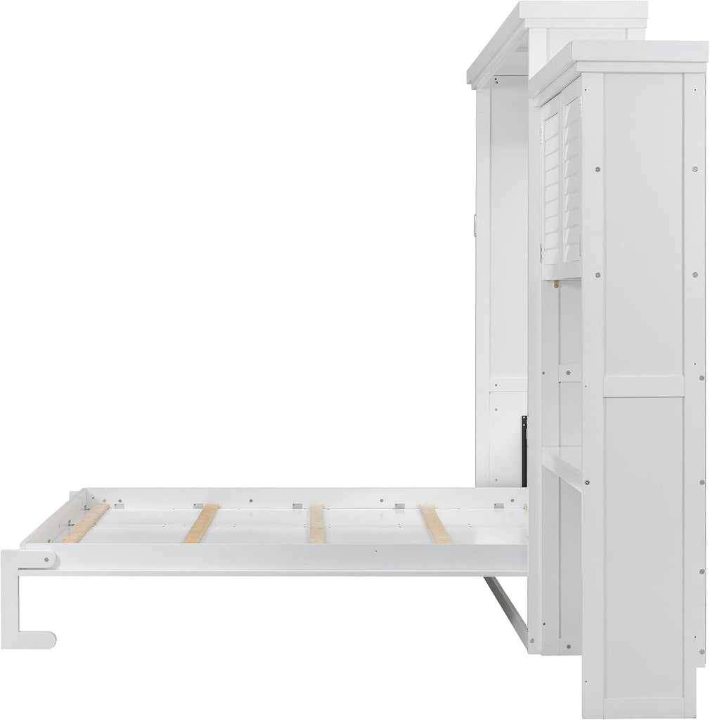 Queen Farmhouse Murphy Bed with Storage Cabinet and Shelves, Wooden Hidden Foldable Wall Bed Frame, Murphy Wall Bed