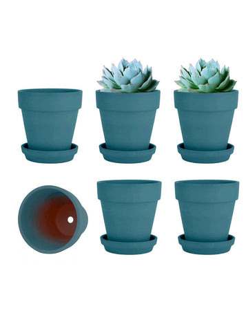 4 Inch Steel Blue Terracotta & Clay Pots with Saucer, 6 Pack