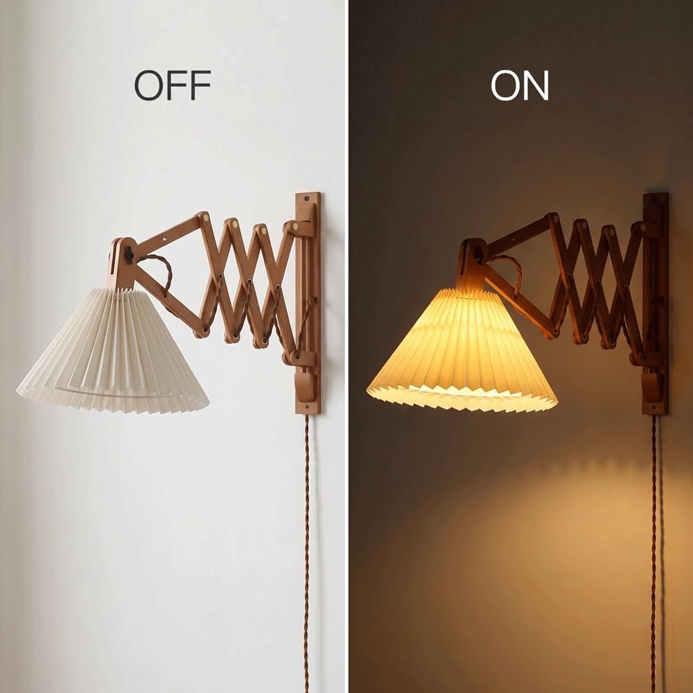 Extendable Wood Wall Sconce with Pleated Shade,Mid-Century Accordion Swing Arm Wall Lamp Reading and Living Room Decor