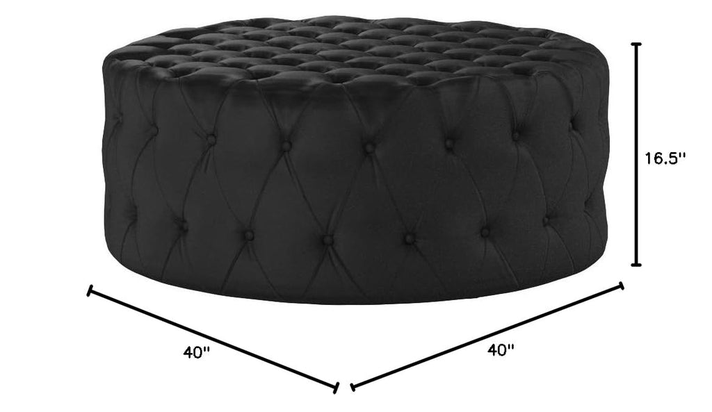 Amour Faux Leather Button-Tufted Round Ottoman in Black