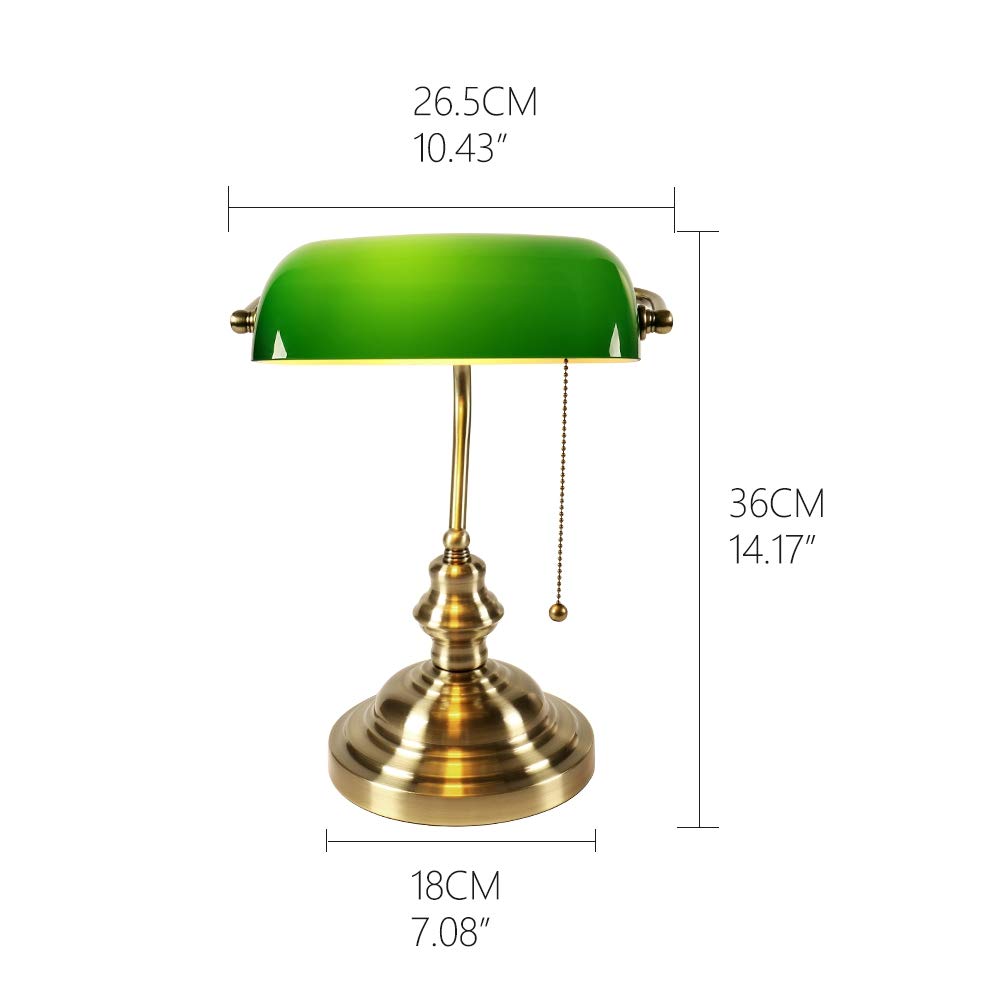 Glass Bankers Desk Lamp with Pull Chain Switch Plug in Fixture (Green)