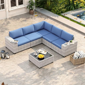 6-Piece Wicker Outdoor Patio Furniture Set | Blue All-Weather Resistant for Backyard, Garden & Porch