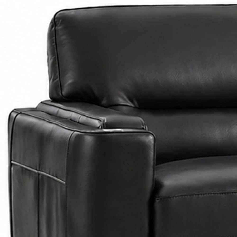 Elm Top Grain Leather Sofa and Chair Set, Black, Feather Down, Memory Foam and Springs Seating