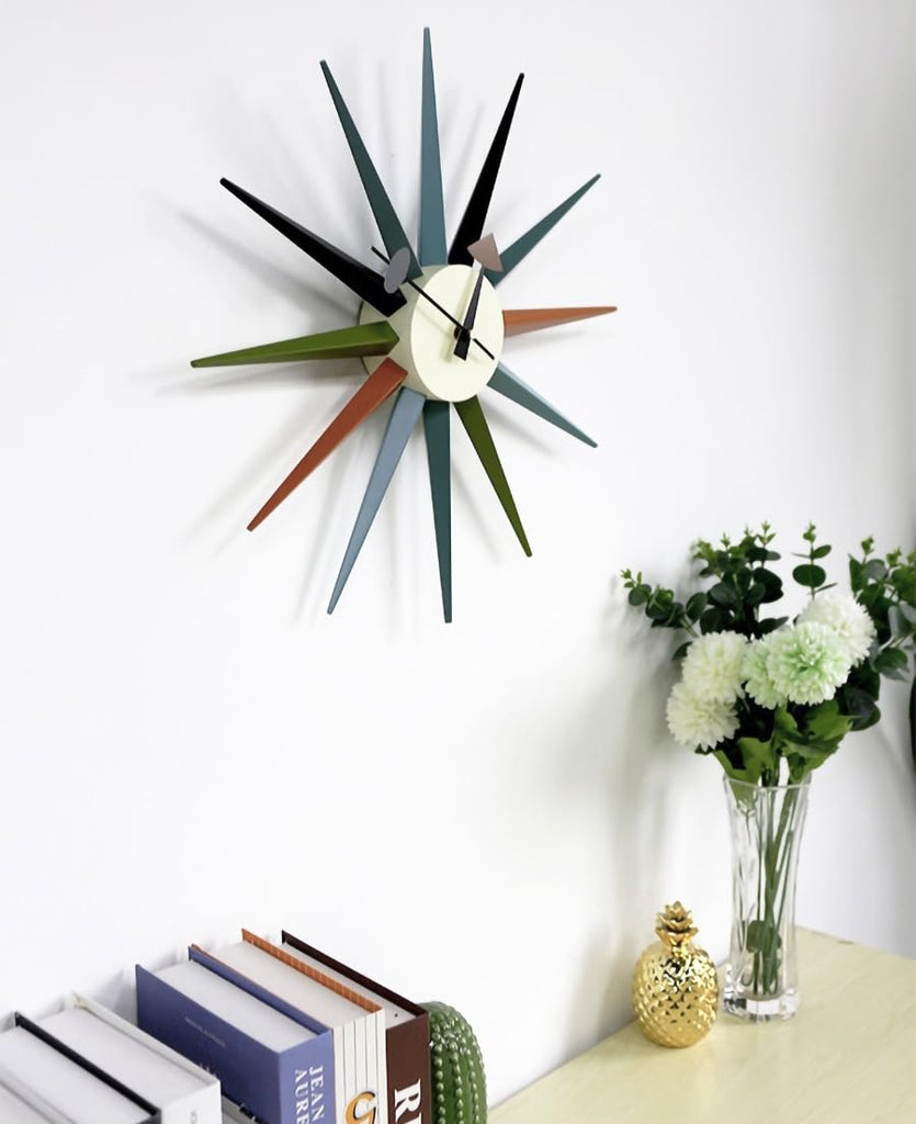 Large Sunburst Wall Clock 18 Inch, Mid Century Modern