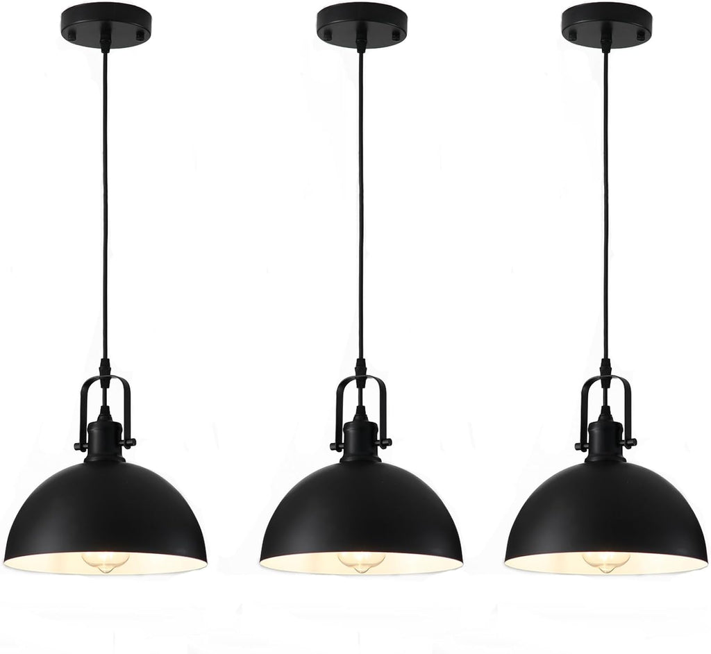 Farmhouse Pendant Lights Kitchen Island 3 Pack, Matte Black Modern Hanging Light Fixtures, Industrial Ceiling Pendant