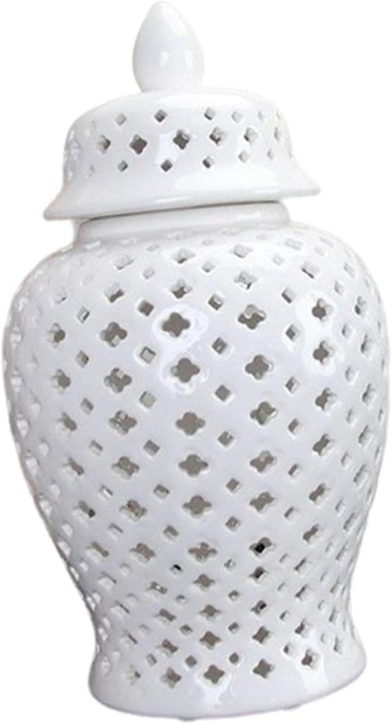 Ceramic Ginger Jar Display Lattice Hollow Vase Temple Storage Handicraft Ornament for Desktop Office Countertop Decor