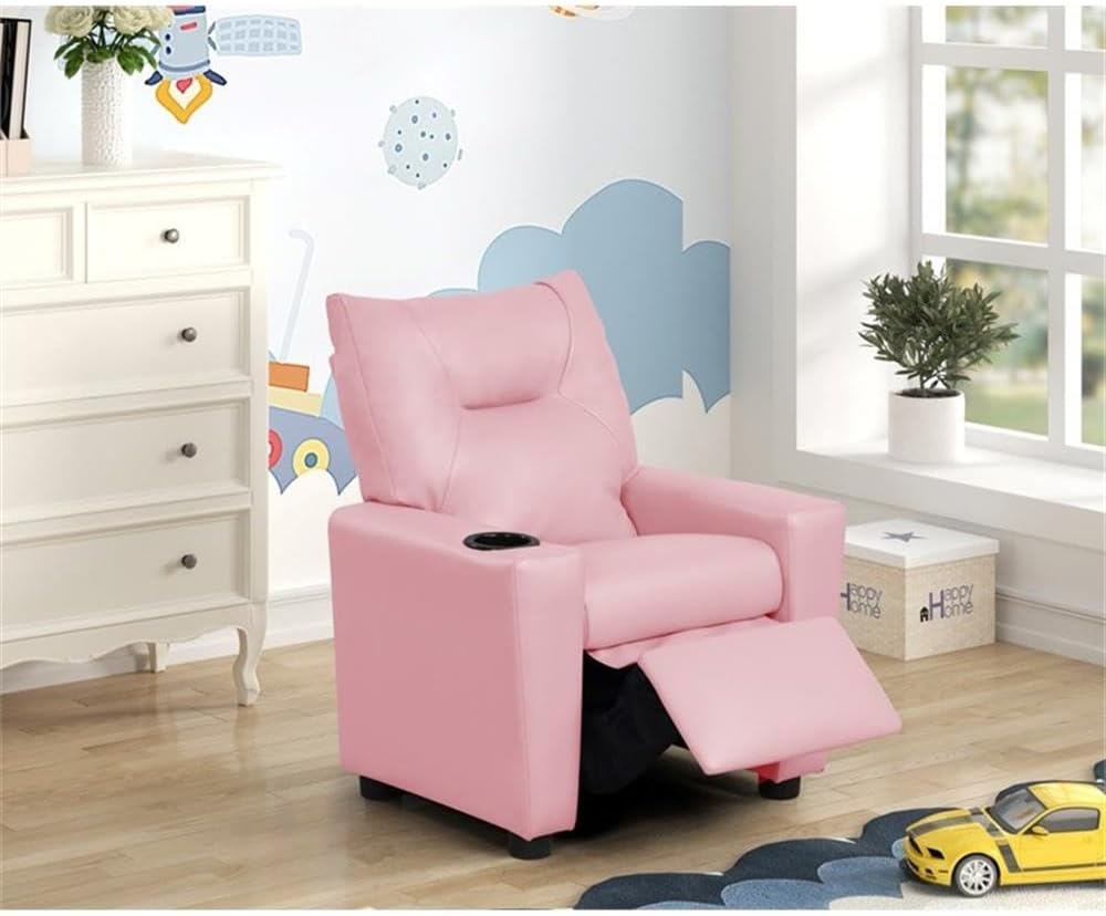 Perline 23" W Pink PU Leather Kids Recliner Chair - Faux Leather Toddler Armchair with Cup Holder and Soft Padded