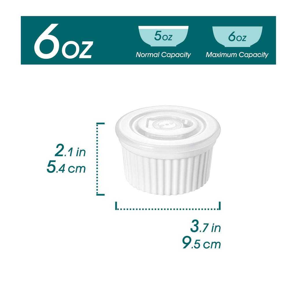 6 oz with Lid, Porcelain Creme Brulee Souffle Dishes, White Pudding Custard Cups Ramiken for Baking, Dishwasher and