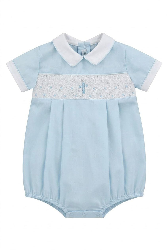 Baby Boy Blue Hand Smocked Cross Bubble Romper, Baptism