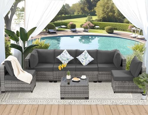 7-Piece Wicker Outdoor Patio Furniture Set - Conversation | Grey with Thick Cushions for Backyard, Garden & Porch
