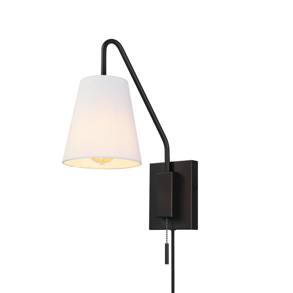 Matte Black Swing Arm Plug-in or Hardwire Wall Sconce with White Fabric Shade