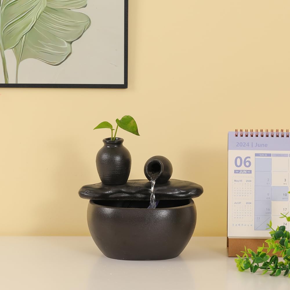 Ceramic Tabletop Fountain and Home Decoration Table Desk Office Patio (Ceramic Pot Fountain) (Black)