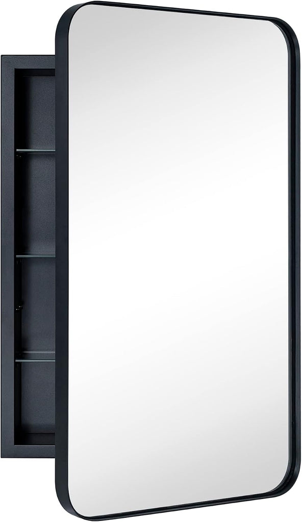 Matt Black Rectangle Recessed Bathroom Medicine Cabinet with Mirror Stainless Steel Metal Framed Rounded Rectangular