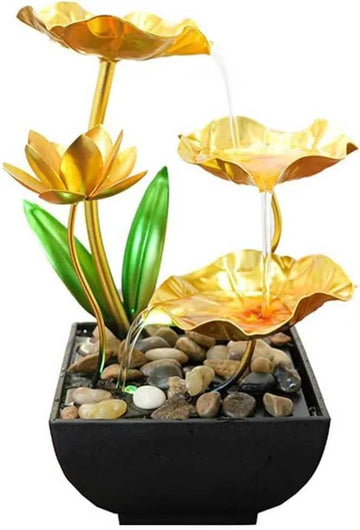 11‘’ H Gold Tabletop Water Fountain, Zen Desktop Waterfall, Indoor Lotus Desktop Decorative Fountain, Home Bathroom
