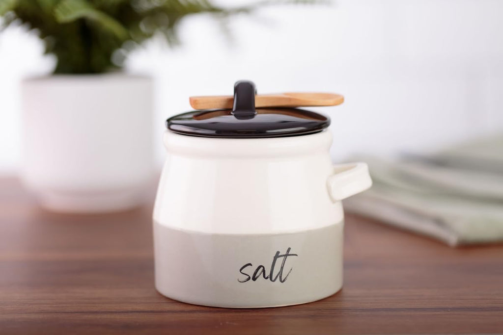 Salt Cellar with Lid and Spoon 10 oz - Handmade Ceramic Salt Keeper with 1.75 inch Lid and 3 inch Bamboo Spoon
