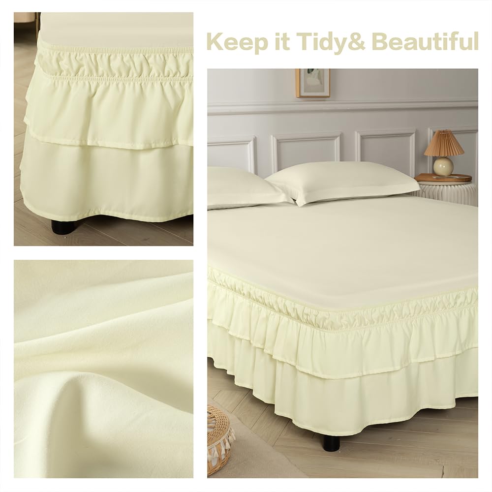 Double-Layered Ruffled Bed Skirt, Beige, 14" Drop