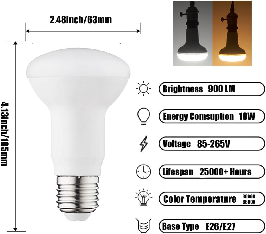 4Pack 10W LED R63 BR20 Light Bulb, 100 Watt Equivalent, Cool White 6000K, 1000LM E26 Base, Indoor Flood Lights