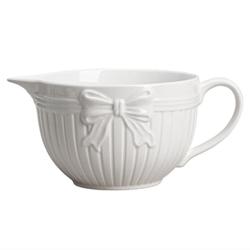 Bow Embossed Ceramic Mixing Bowl, 1 Quart Batter Bowl, with Pouring Spout and Handle, White