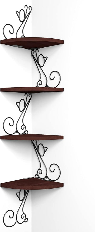 4-Tier Cat Shaped Corner Floating Shelf Wall Mount, Walnut