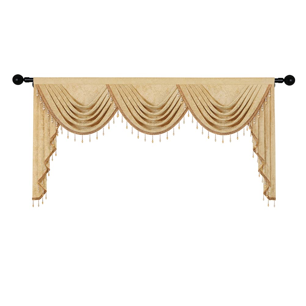 Thick Chenille Window Curtains Valance, Luxury Gold Valance with Beads, Rod Pocket (W79inch, 1 Panel)