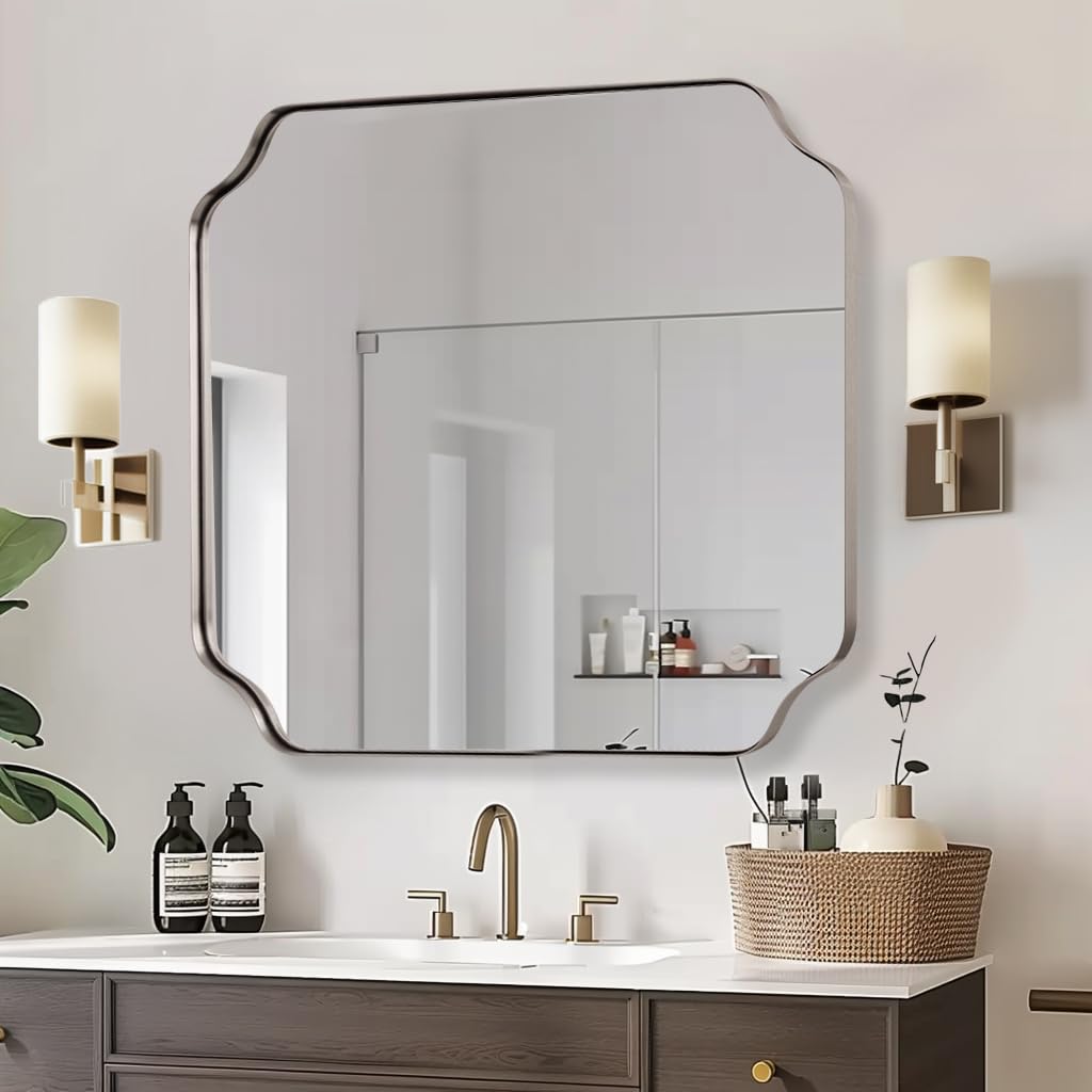30"x30" Brushed Nickel Square Mirror, Silver Bathroom Mirror for Over Sink, Modern Scallop Mirror in Anti-Rust